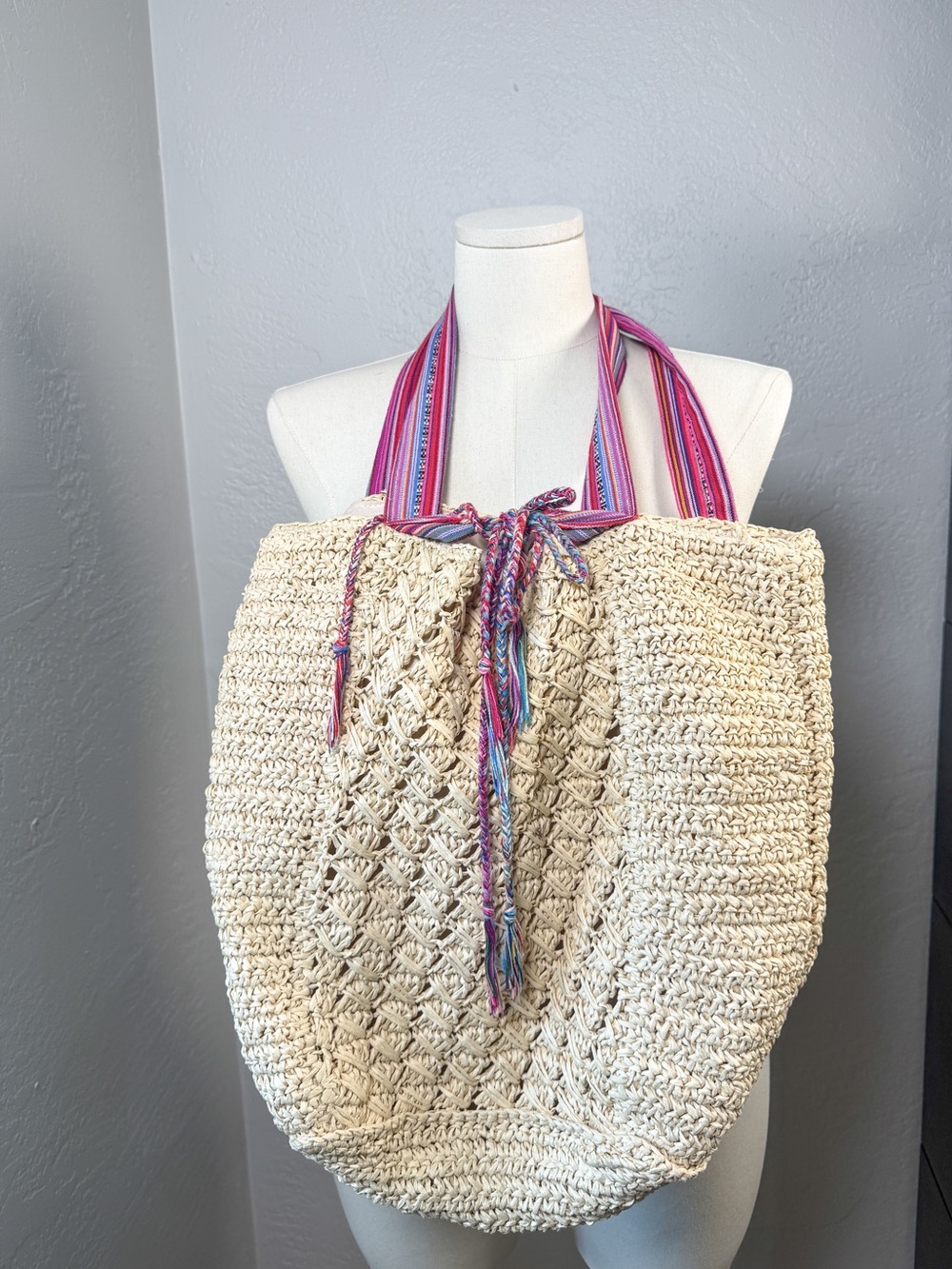 Boho Straw Tote Bag Crochet Woven Beach Market Bag Pink Striped Handles
